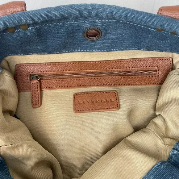 Levenger Tote Bag Denim Leather Trim 6 Pockets Purse Satchel Bucket Boho Pack
